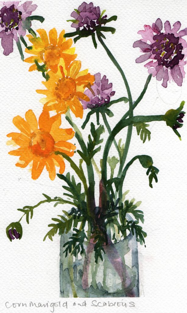 Watercolour painting of flowers in a vase