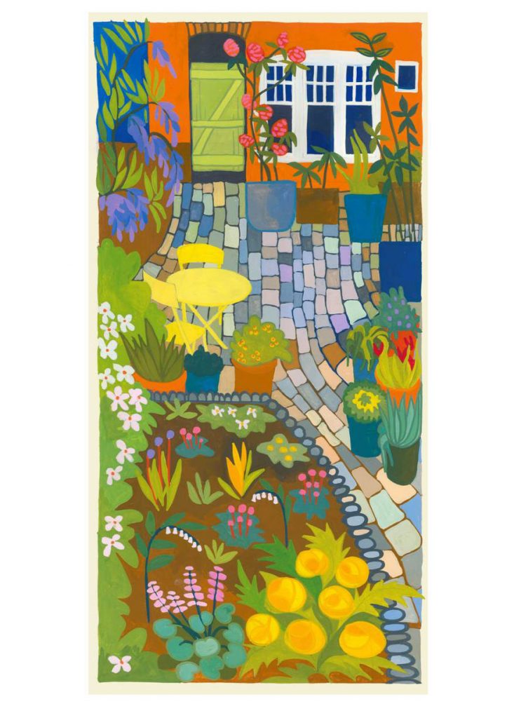 Gouache painting of the back of a house with cobbled path and plants in pots and flowerbeds.