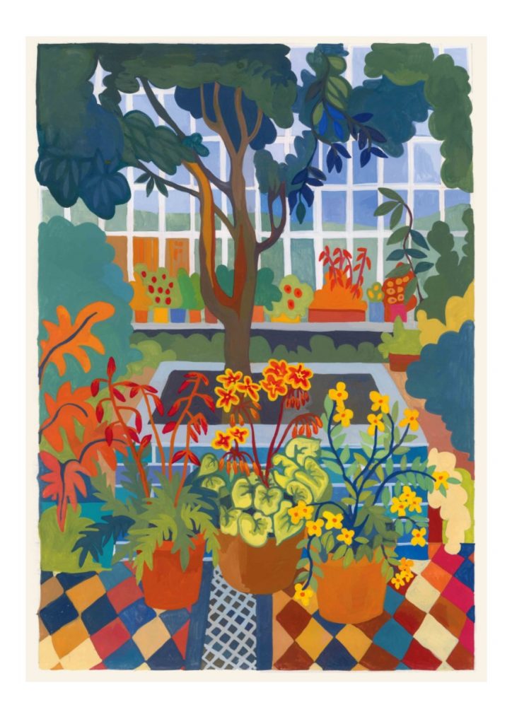Gouache painting of greenhouse interior with tree and colourful plants.