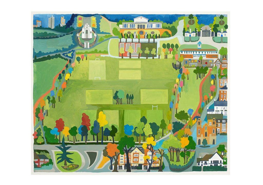 Gouache painting of Victoria Park in Leicester, showing the park and some surrounding buildings.