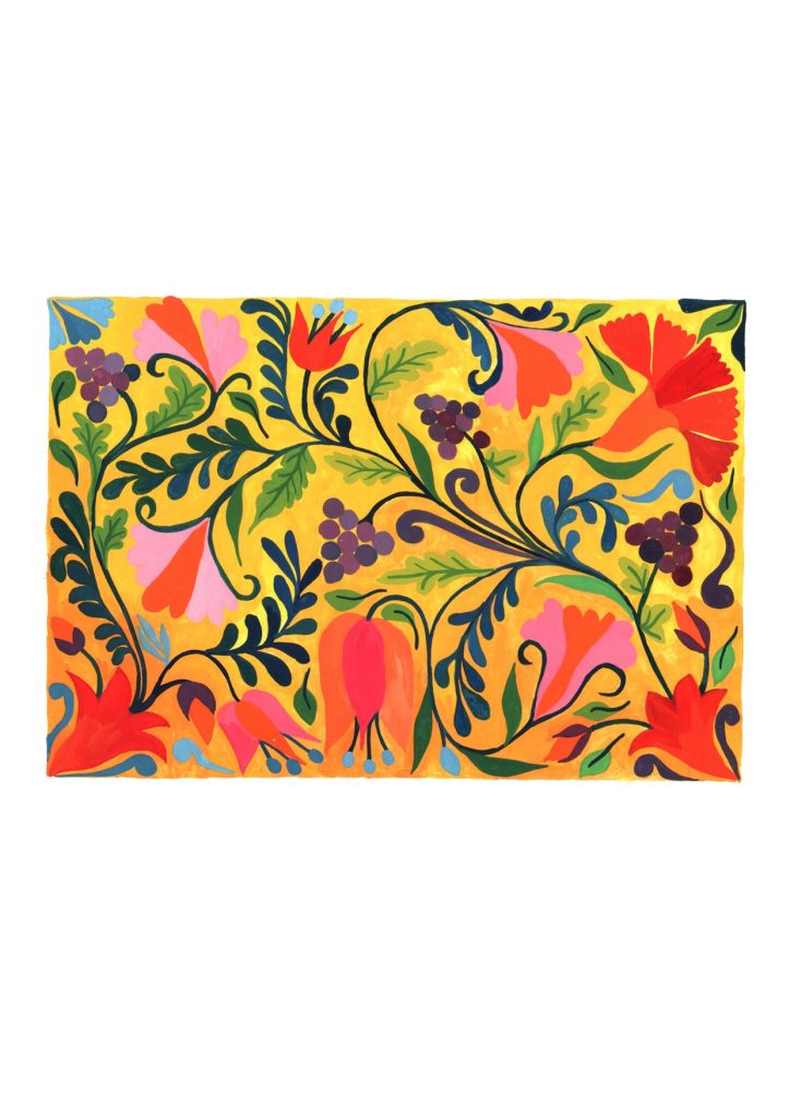 Image of brightly coloured fabric design with flowers and leaves on a yellow background