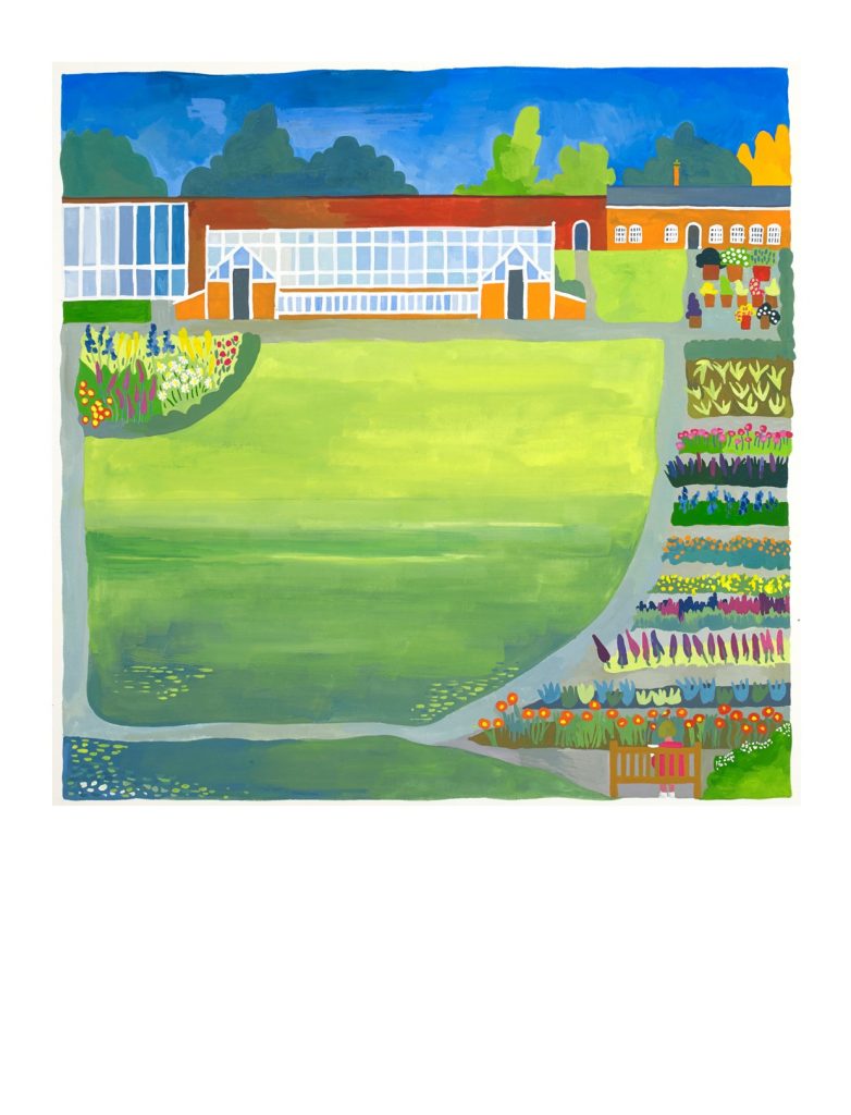 A painting of a lawn, flower beds and greenhouses in a walled garden