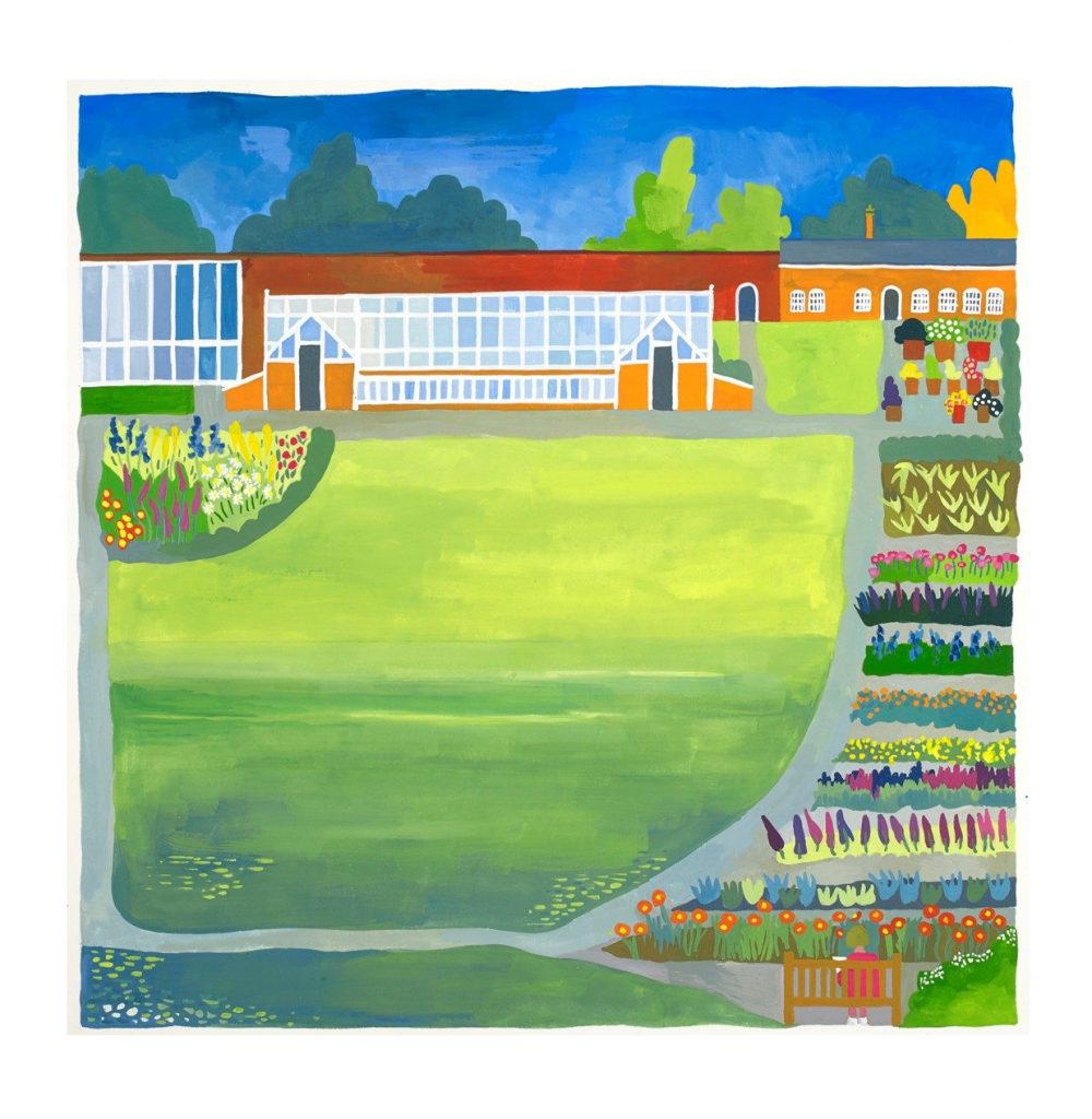 A painting of a lawn, flower beds and greenhouses in a walled garden