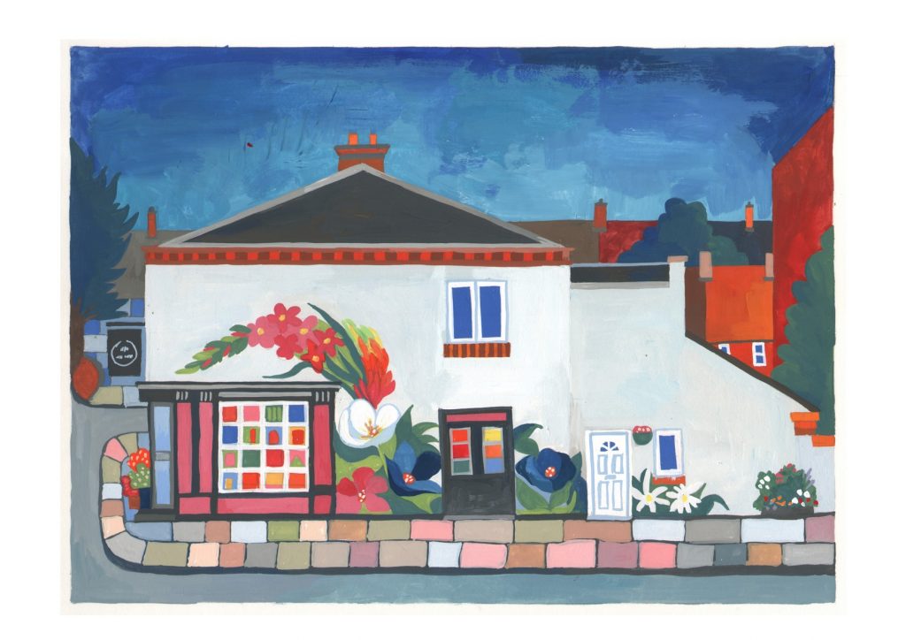A painting of a corner shop in Leicester with a brightly painted outside wall