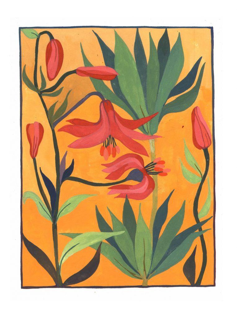 A painting of an orangey-red lily with several flowers and clumps of leaves on a yellow backgroud.