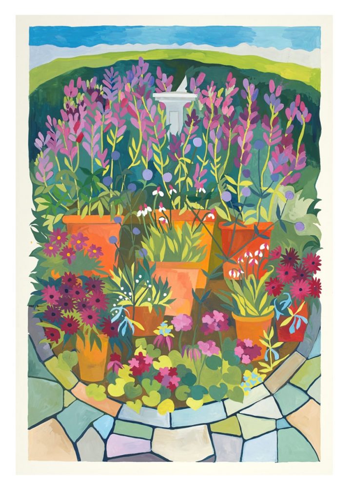 A painting of a sundial at Winterbourne surrounded by brightly coloured flowers in pots.