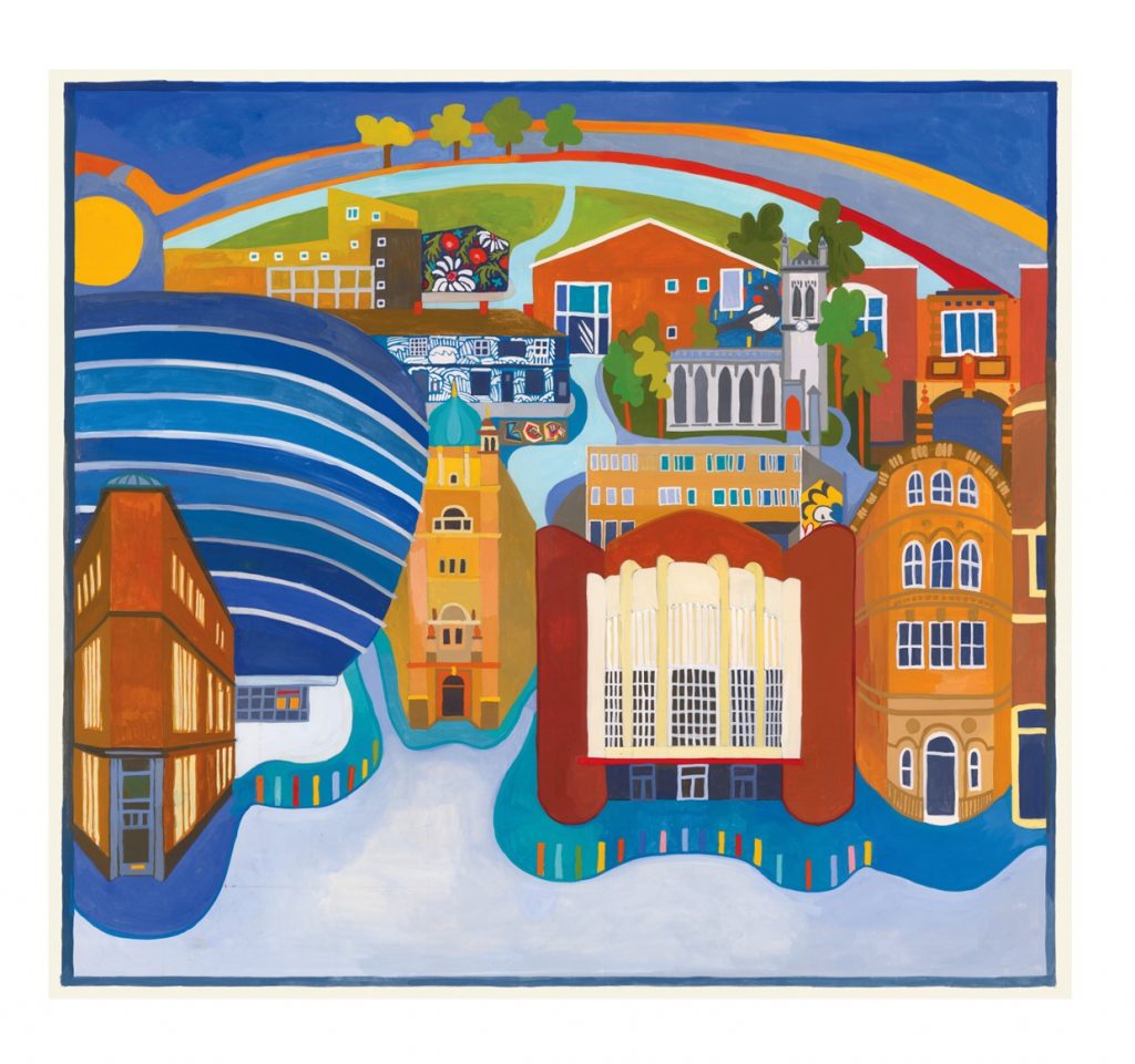 Painting of Leicester Cultural Quarter showing various significant buildings in the area