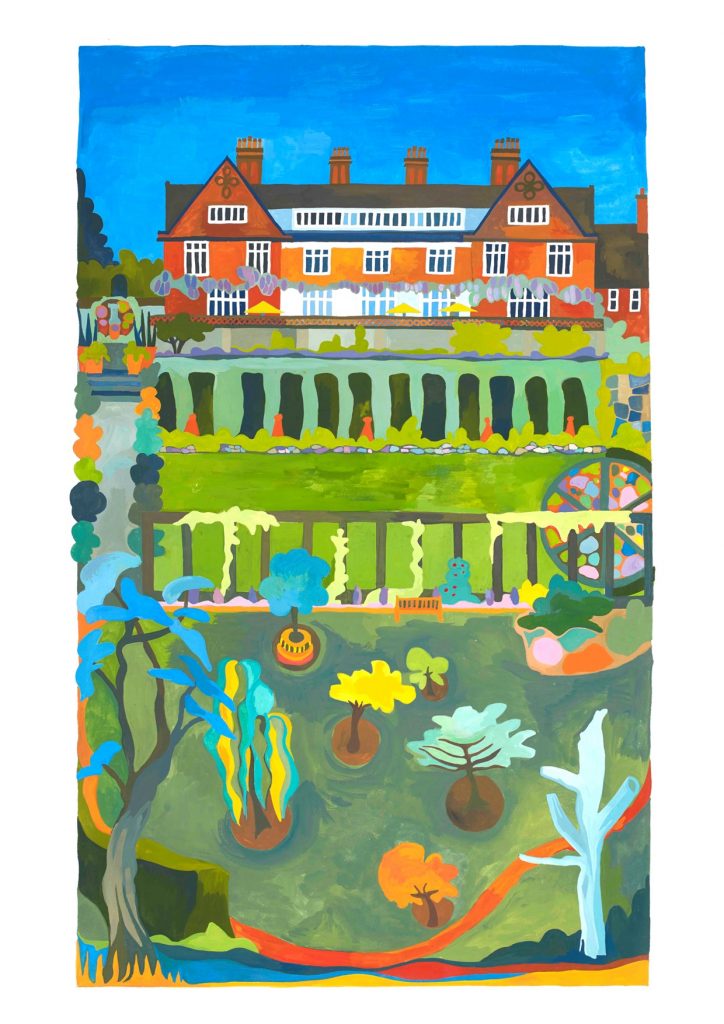 Card of Winterbourne House and Garden, a brightly coloured gouache painting showing the house and terraced garden.