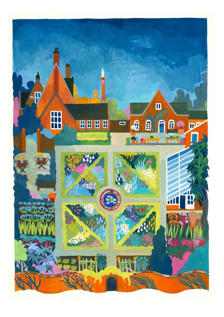 Card of Winterbourne Walled Garden, a brightly coloured gouache painting with the house and outbuildings in the background.