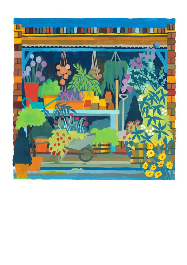 Card of Old Kitchen Courtyard, a brightly coloured gouache painting showing flowers, tools and pots.