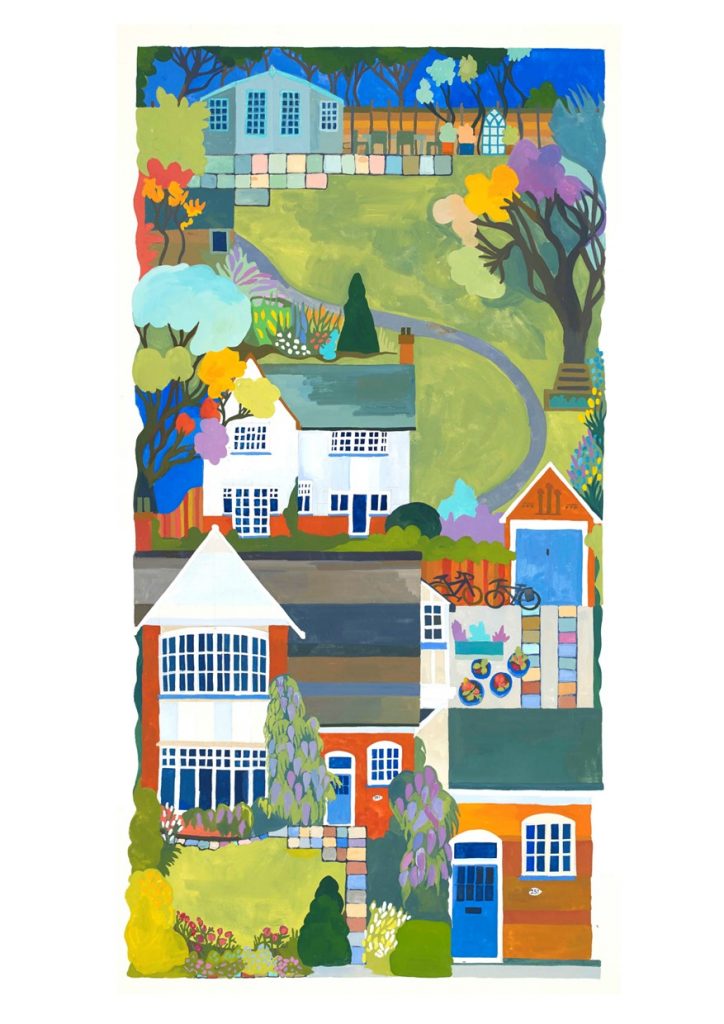 A gouache painting of a house front and rear view with views of the garden.