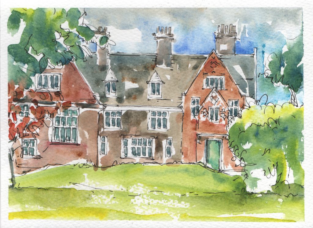 A watercolour of Winterbourne House with grass and trees.