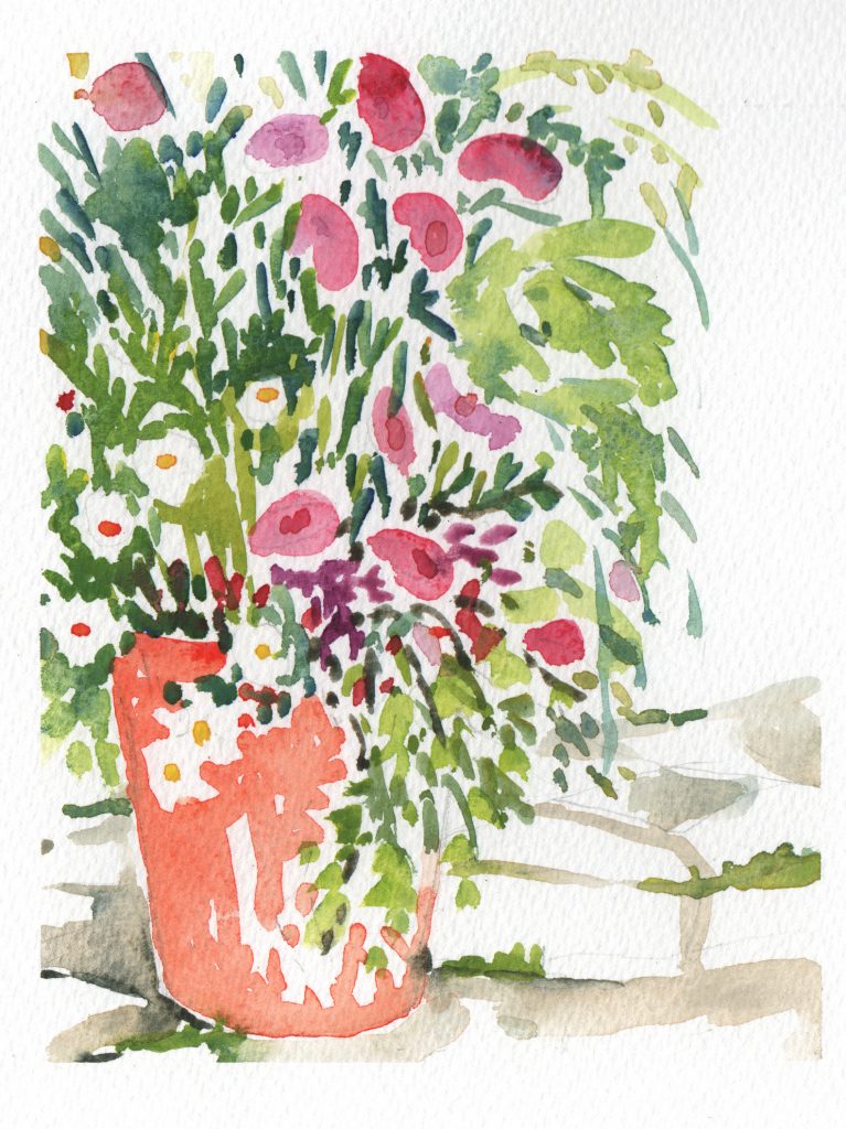 A watercolour of a pot with pink and white flowers and foliage in it.