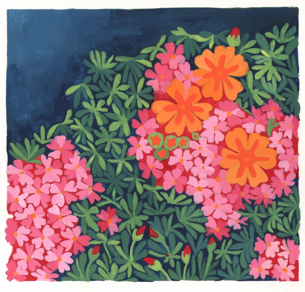 A gouache painting of pink and orange flowers against leaves and a blue background.