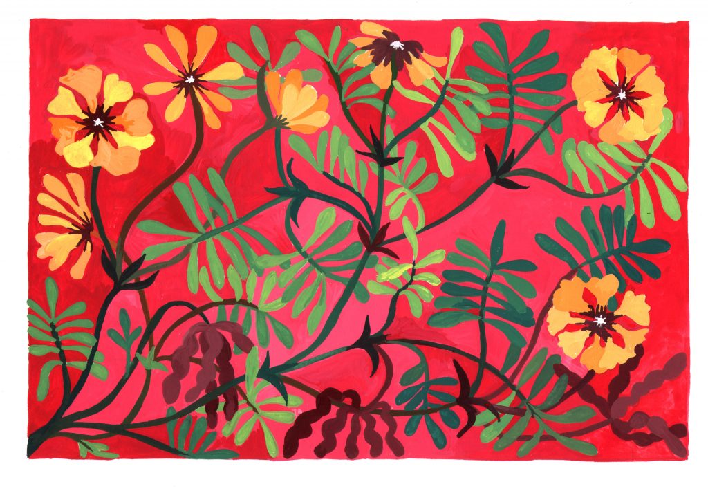 A gouache painting of yellow and orange flowers against leaves and a red background.