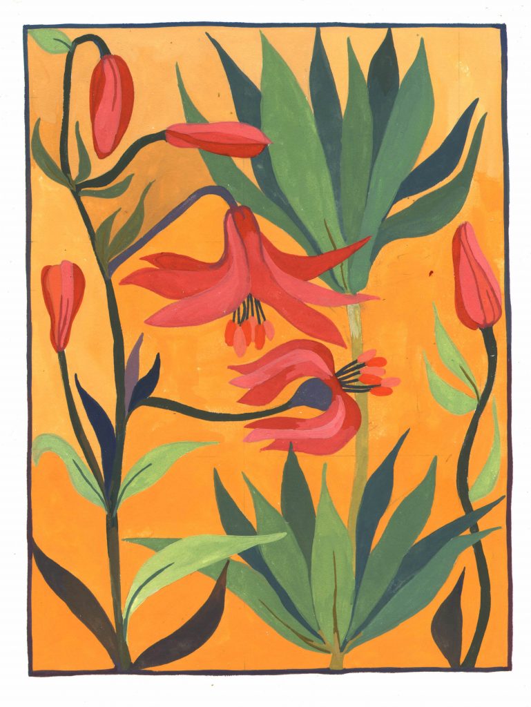 A gouache painting of bright orange lily flowers against leaves and a yellow background.