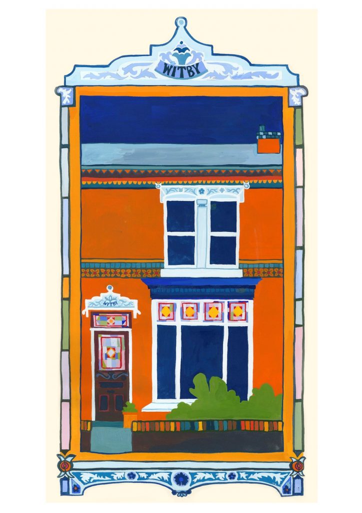 A gouache painting of a red-brick terraced house with pallisaded front garden.