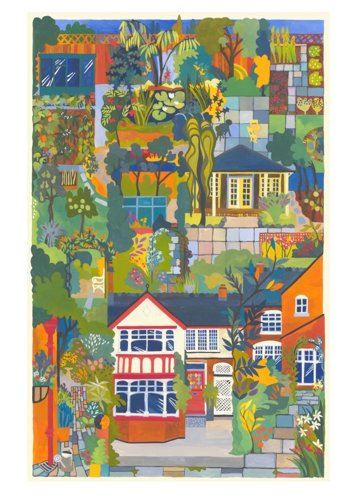 A gouache painting of a house from different angles and different views of the garden.