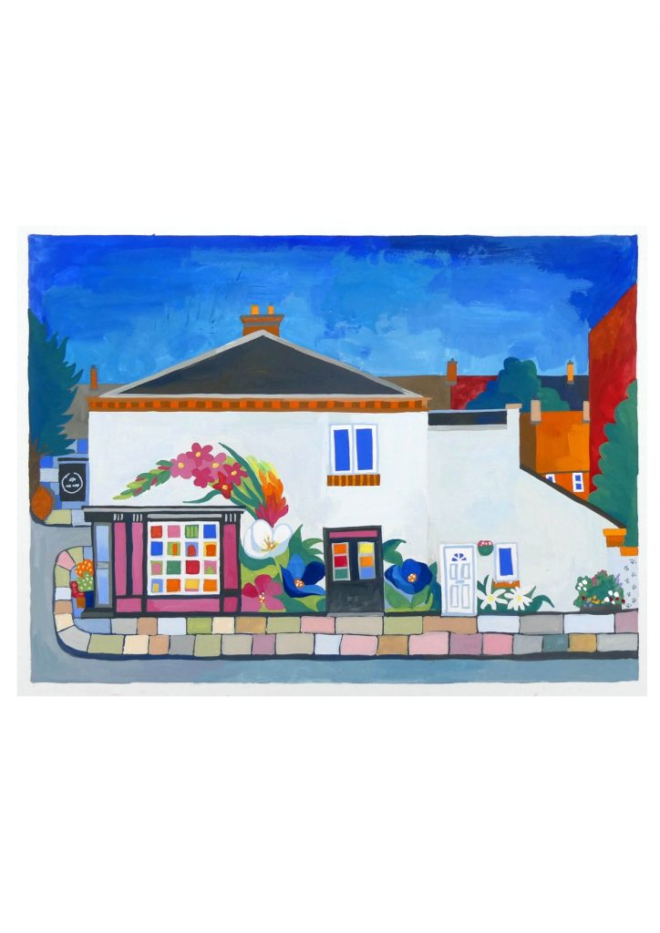 A gouache painting of a brightly decorated corner sho in Leicester.