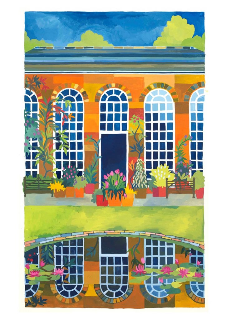 A gouache painting of the Orangery at Dunham Massey reflected in the pond.