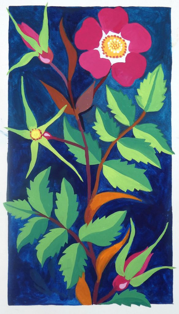 A gouache painting of a deep pink rose against leaves and a blue background.