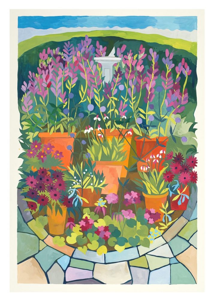 A gouache painting of a sundial surrounded by pots of brightly coloured flowers.