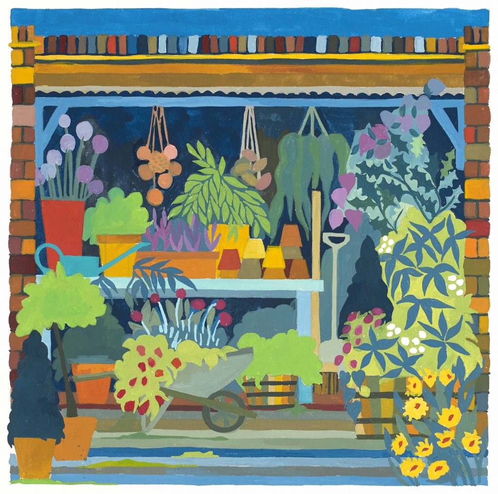 A gouache painting of a storage space with tools, flower pots and flowers.