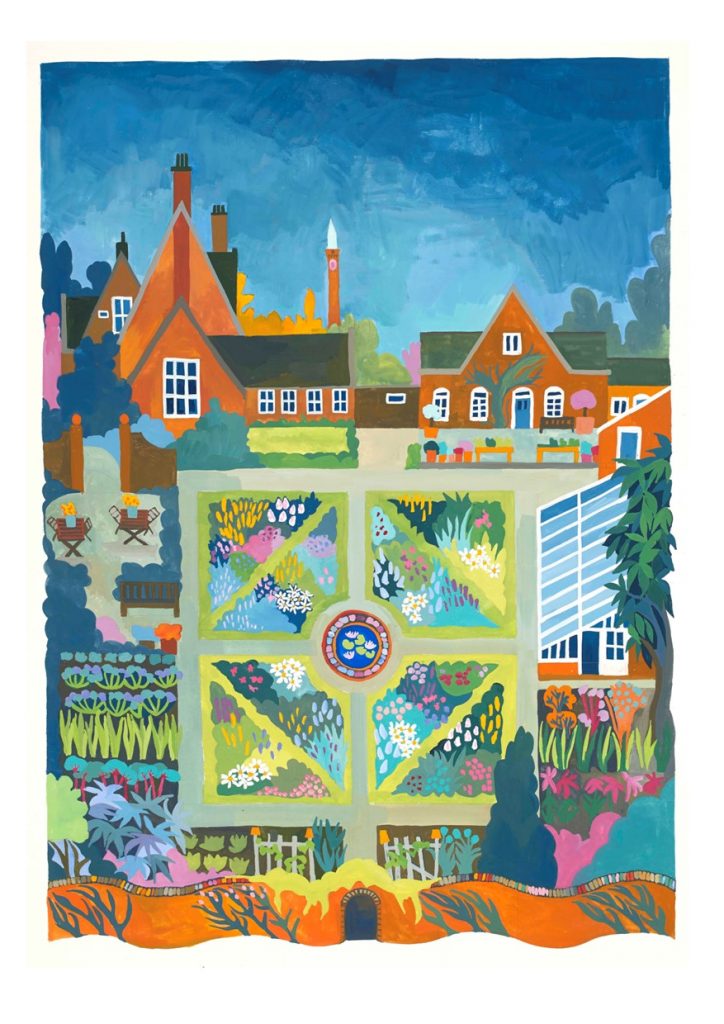 A gouache painting of the waled garden at Winterbourne showing a side view of the house and some outbuildings, a greenhouse and flowers in the geometrical flower beds.