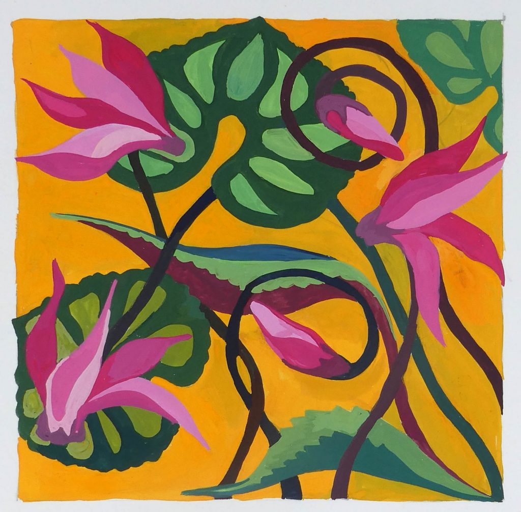 A goache painting of pink cyclamen flowers with leaves against an orange background.