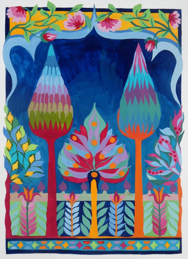 A gouache painting of brightly coloured trees and plants in a stylised manner.