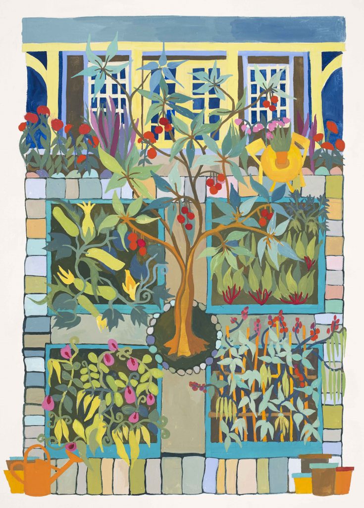 A gouache painting of four raised beds around a tree with a summer house in the background.