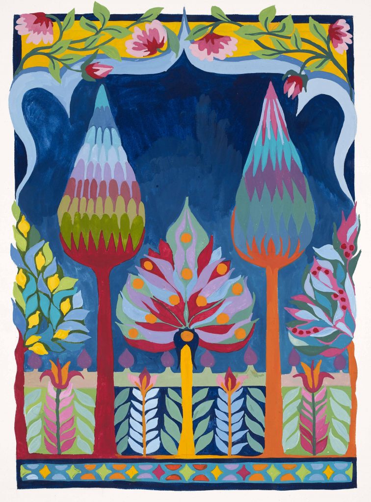 A gouache painting of brightly coloured trees and plants in a stylised manner.