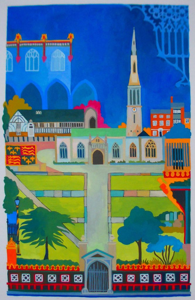 Gouache painting of Leicester Cathedral.