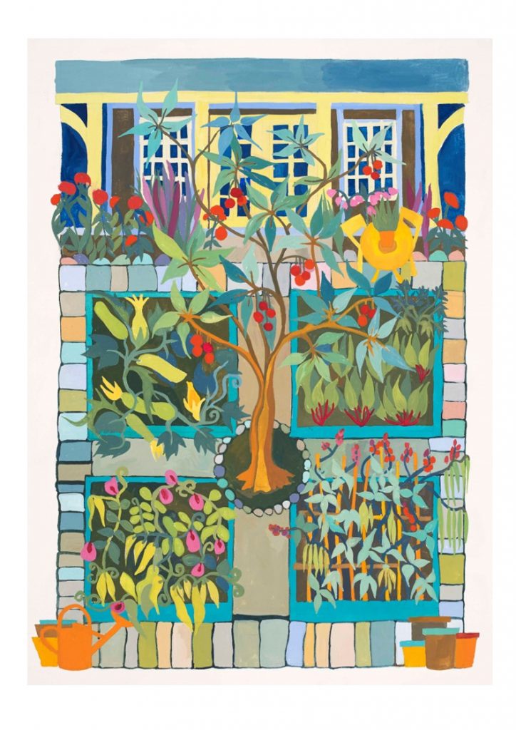 A gouache painting of four raised beds around a tree with a summer house in the background.