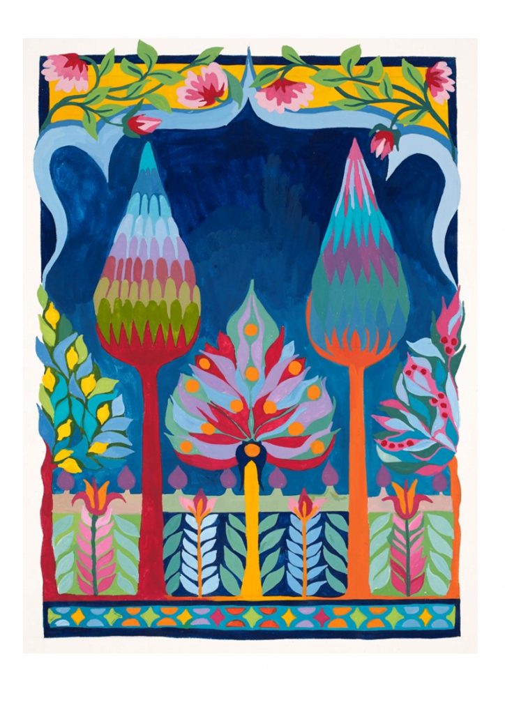 A gouache painting of brightly coloured trees and plants in a stylised manner.