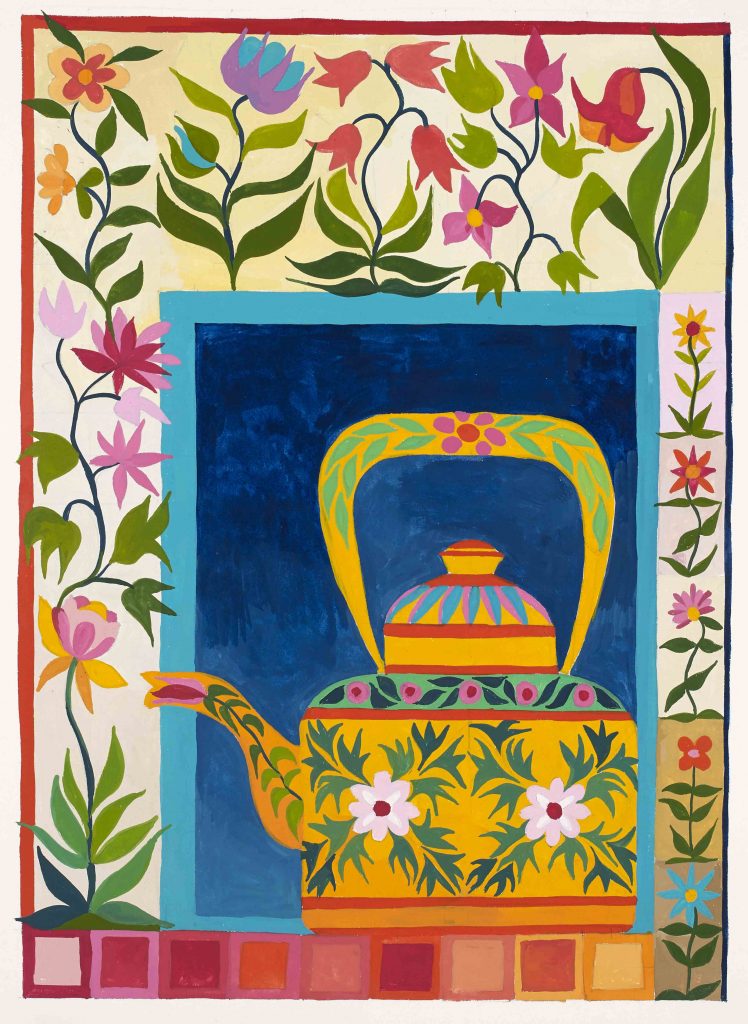 Gouache painting of a tea kettle with Mughal patterns.