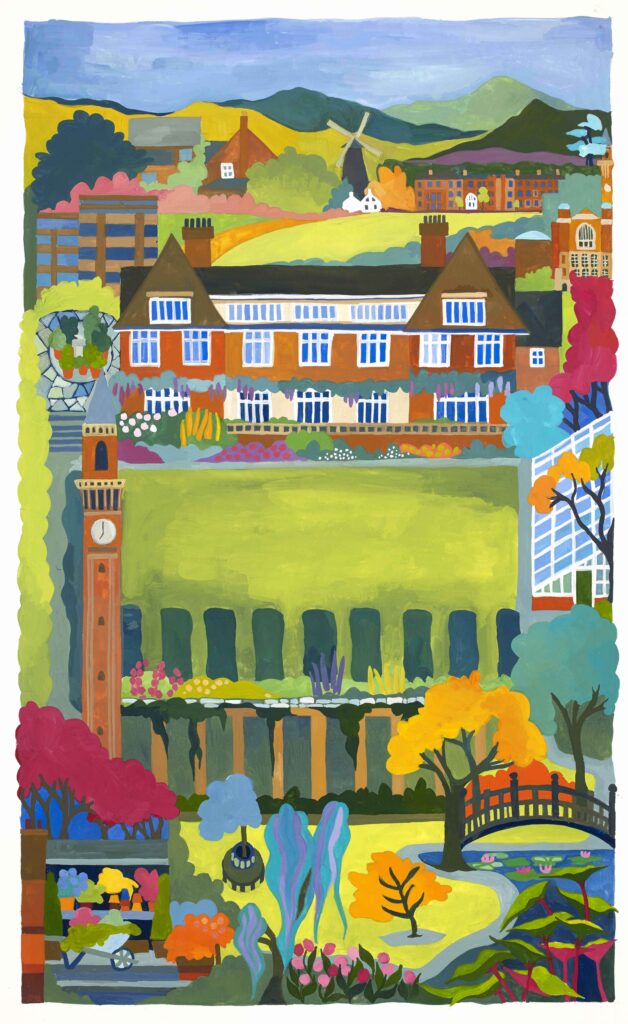 Gouache painting of Winterbourne House and other places that are meaningful to the person who commissioned the painting