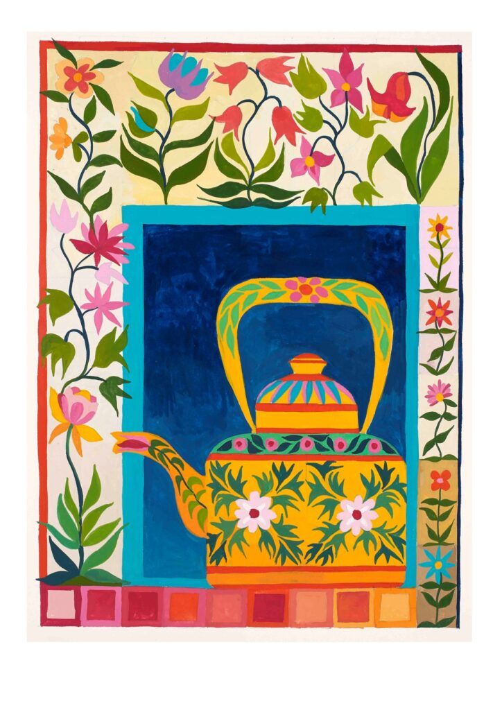 Image of a greetings card showing a tea kettle in bright colours with Mughal designs