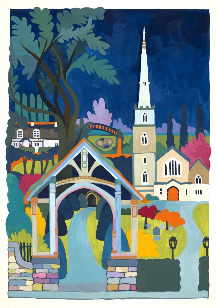 A gouache painting of St Mary Magdalen Church in Knighton and the surrounding area.