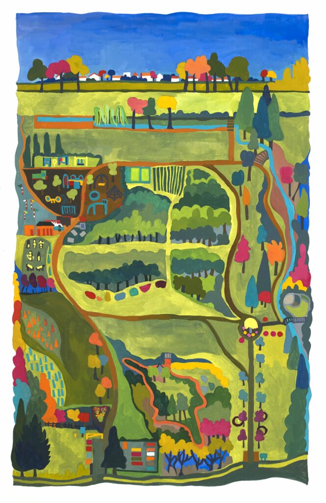A gouache painting of Knighton Park, an open space with paths and trees and features like the play areas.