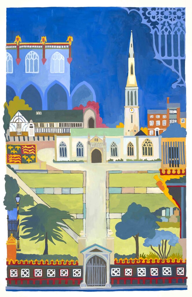 A gouache painting of Leicester Cathedral showing some of the architectural features and surrounding buildings.