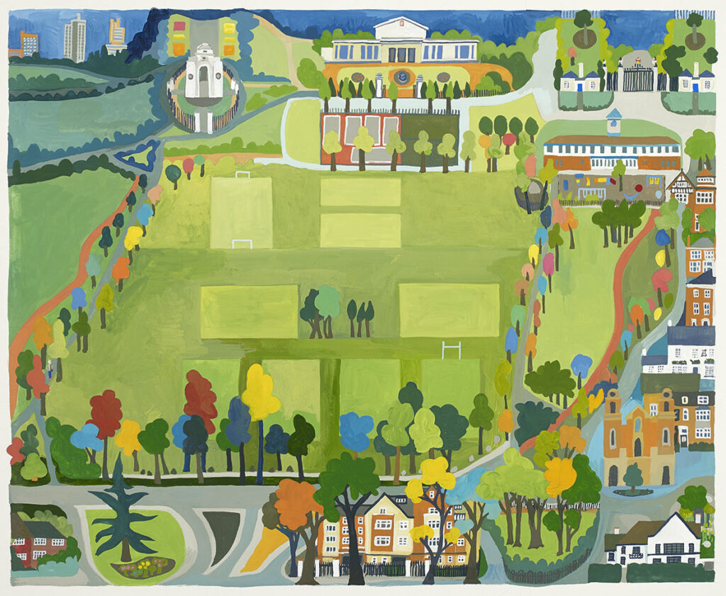 Gouache painting of Victoria Park in Leicester, a large open space with trees and buildings around it.